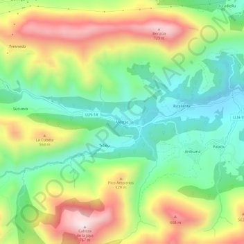 Topografische kaart Mestas, hoogte, reliëf