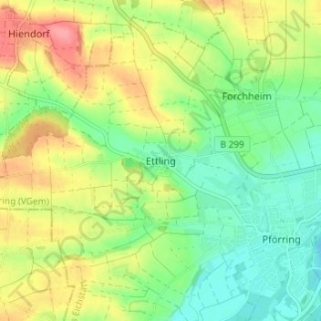 Topografische kaart Ettling, hoogte, reliëf