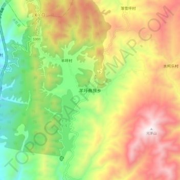 Topografische kaart 羊坪彝族乡, hoogte, reliëf