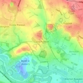 Topografische kaart Great Preston, hoogte, reliëf