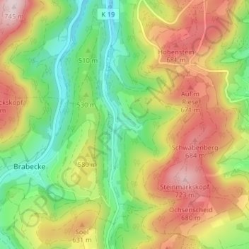 Topografische kaart Untervalme, hoogte, reliëf