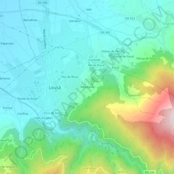 Topografische kaart Alfocheira, hoogte, reliëf