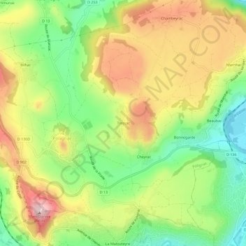 Topografische kaart Tressac, hoogte, reliëf