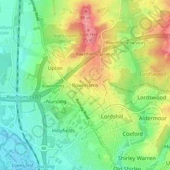Topografische kaart Rownhams, hoogte, reliëf