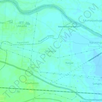 Topografische kaart Manalur, hoogte, reliëf
