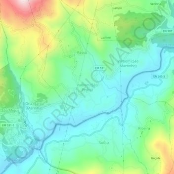 Topografische kaart Valbom (São Pedro), hoogte, reliëf