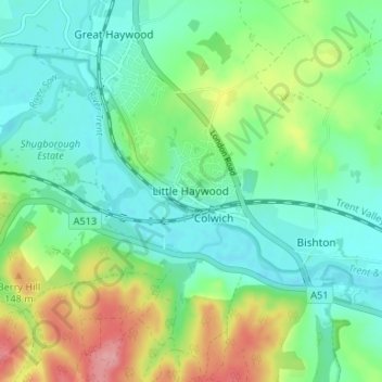Topografische kaart Little Haywood, hoogte, reliëf