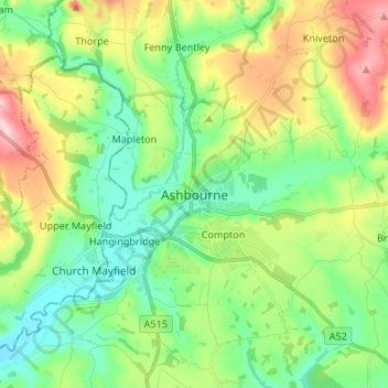 Topografische kaart Ashbourne, hoogte, reliëf