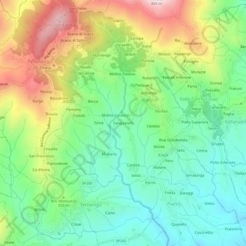 Topografische kaart Sanguinetti, hoogte, reliëf
