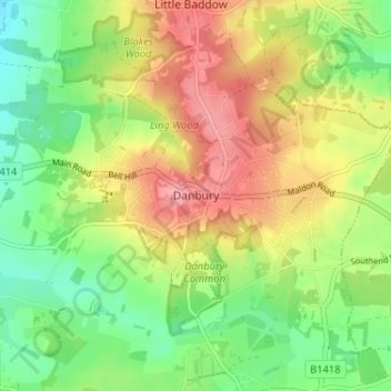 Topografische kaart Danbury, hoogte, reliëf