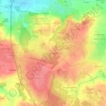 Topografische kaart Landes d'Orgères, hoogte, reliëf