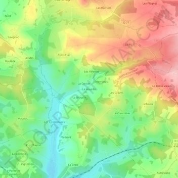 Topografische kaart La Rousille, hoogte, reliëf
