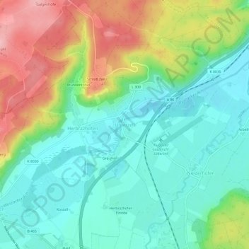 Topografische kaart Unterzeil, hoogte, reliëf