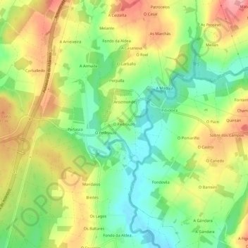 Topografische kaart O Pedrouzo, hoogte, reliëf
