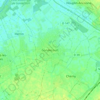 Topografische kaart Gondecourt, hoogte, reliëf