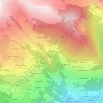 Topografische kaart Verrogne, hoogte, reliëf