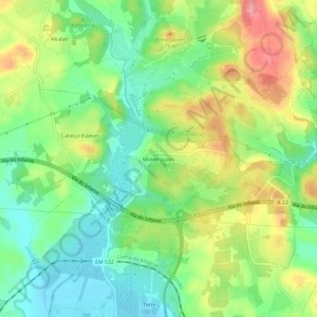 Topografische kaart Monte Judeu, hoogte, reliëf