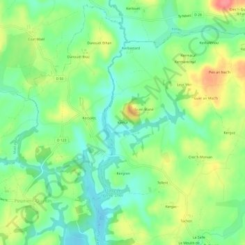 Topografische kaart Kerfur, hoogte, reliëf