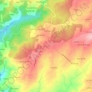 Topografische kaart Amoeiro, hoogte, reliëf