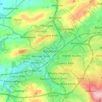 Topografische kaart Blackburn, hoogte, reliëf