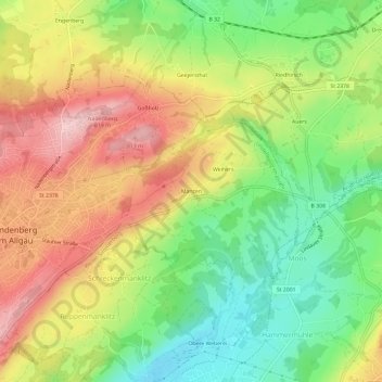 Topografische kaart Manzen, hoogte, reliëf