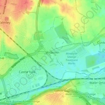 Topografische kaart Minworth, hoogte, reliëf