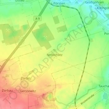 Topografische kaart Nellschütz, hoogte, reliëf