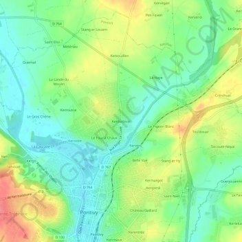 Topografische kaart Kerdudaval, hoogte, reliëf