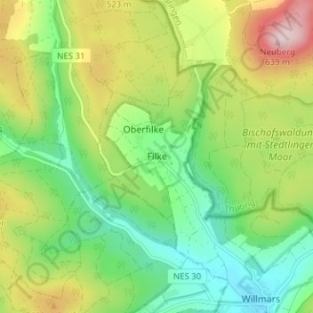 Topografische kaart Filke, hoogte, reliëf