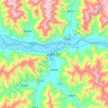 Topografische kaart Lhoka, hoogte, reliëf