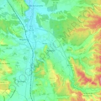 Topografische kaart Anadia, hoogte, reliëf