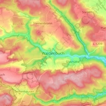 Topografische kaart Waldenbuch, hoogte, reliëf