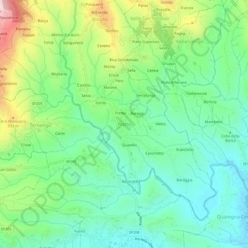 Topografische kaart Piatto, hoogte, reliëf