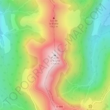 Topografische kaart Puy de la Tourte, hoogte, reliëf