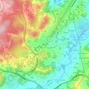 Topografische kaart Culleredo, hoogte, reliëf