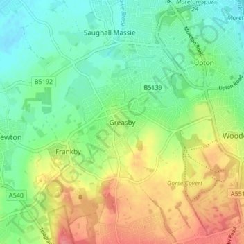 Topografische kaart Greasby, hoogte, reliëf