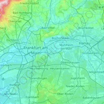 Topografische kaart Offenbach am Main, hoogte, reliëf