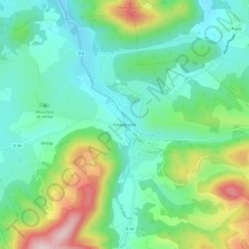 Topografische kaart Fontagnères, hoogte, reliëf