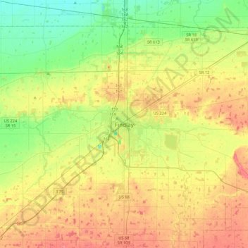 Topografische kaart Findlay, hoogte, reliëf