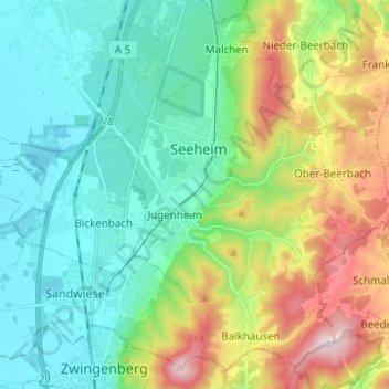 Topografische kaart Seeheim-Jugenheim, hoogte, reliëf