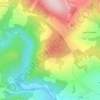 Topografische kaart Holne Bridge, hoogte, reliëf