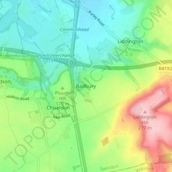 Topografische kaart Badbury, hoogte, reliëf