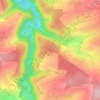 Topografische kaart Spieß, hoogte, reliëf