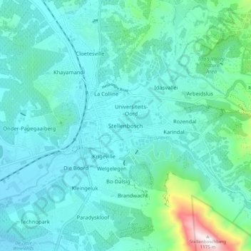 Topografische kaart Stellenbosch, hoogte, reliëf