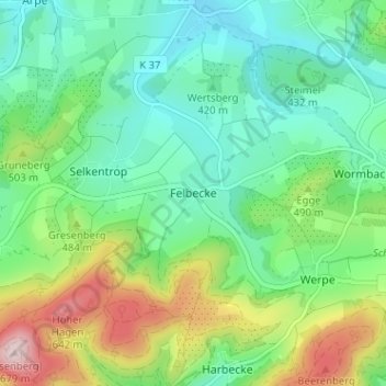 Topografische kaart Felbecke, hoogte, reliëf