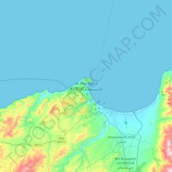 Topografische kaart Al Hoceima - ⵍⵃⵓⵙⵉⵎⴰ - الحسيمة, hoogte, reliëf