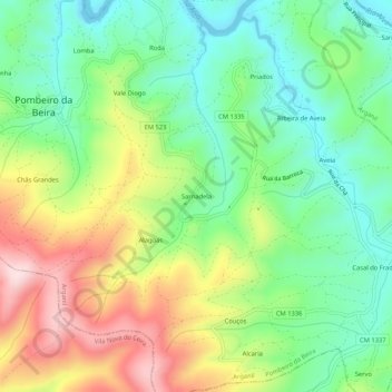 Topografische kaart Sarnadela, hoogte, reliëf
