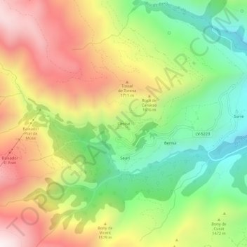 Topografische kaart Llessui, hoogte, reliëf