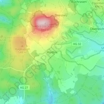 Topografische kaart Modlos, hoogte, reliëf