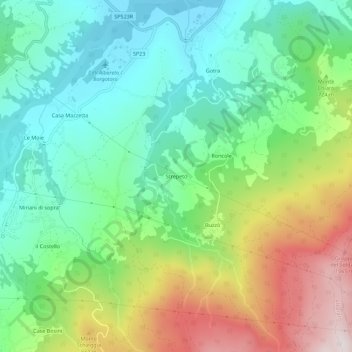 Topografische kaart Strepeto, hoogte, reliëf